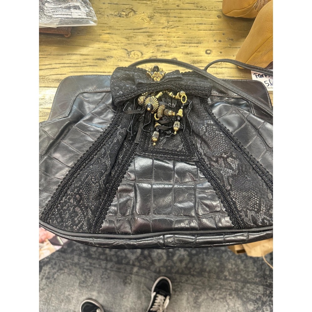 80s Vintage Black Leather and Lace Shoulder Bag/Clutch